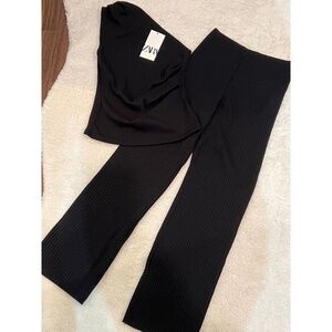 ZARA Two-Piece Knit Pant and One-Shoulder Tank - Black Rib Coord Set